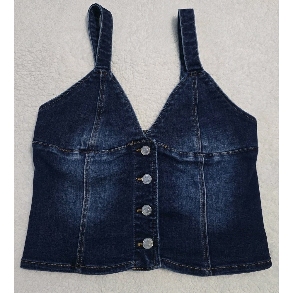 Refuge Denim Blue Cropped Button Front Sleeveless V-Neck Wide Strap Tank Top L